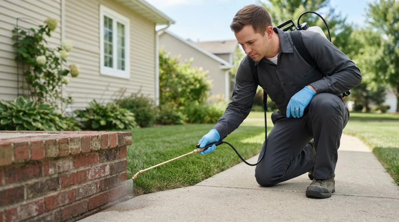 Pest control technician treating a home near South Ryegate, VT